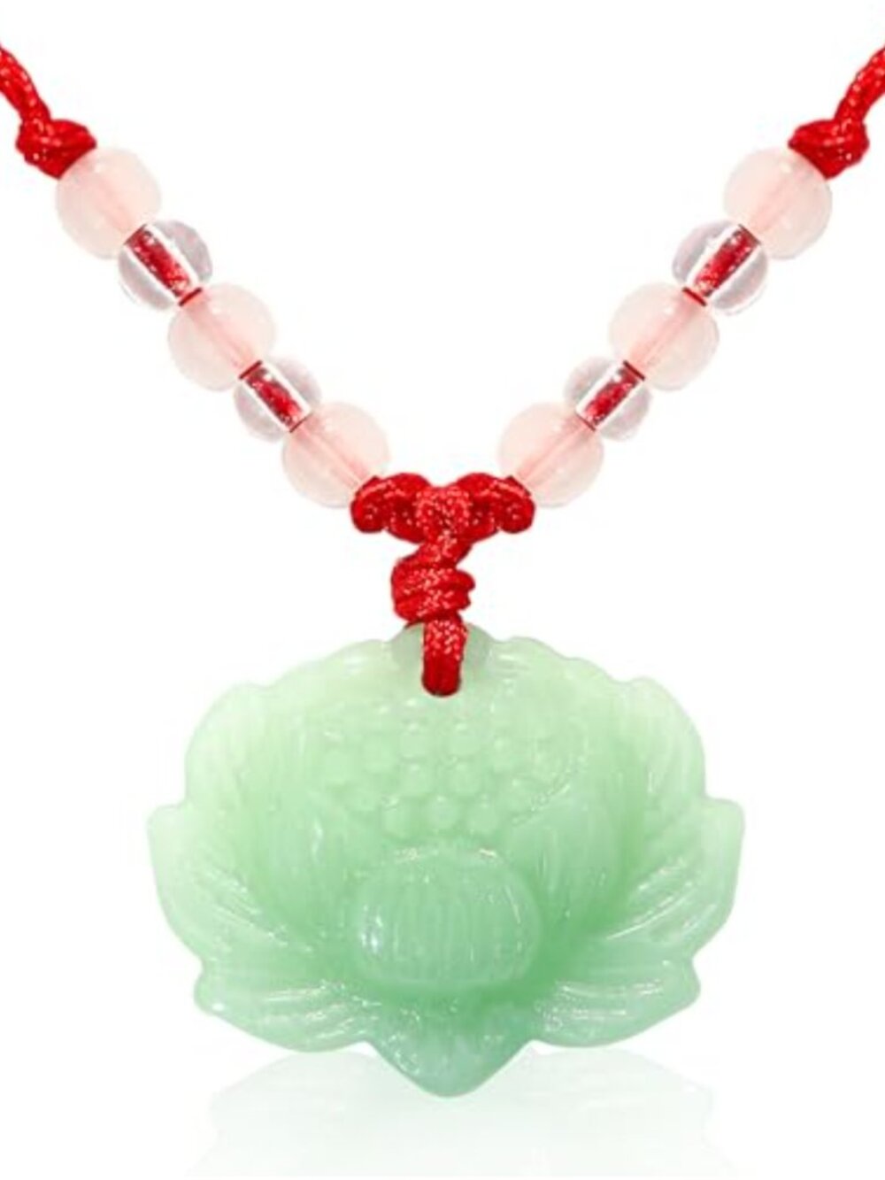 Lotus Pendant Necklace Lucky Charm Red Cord Natural Jade Glass